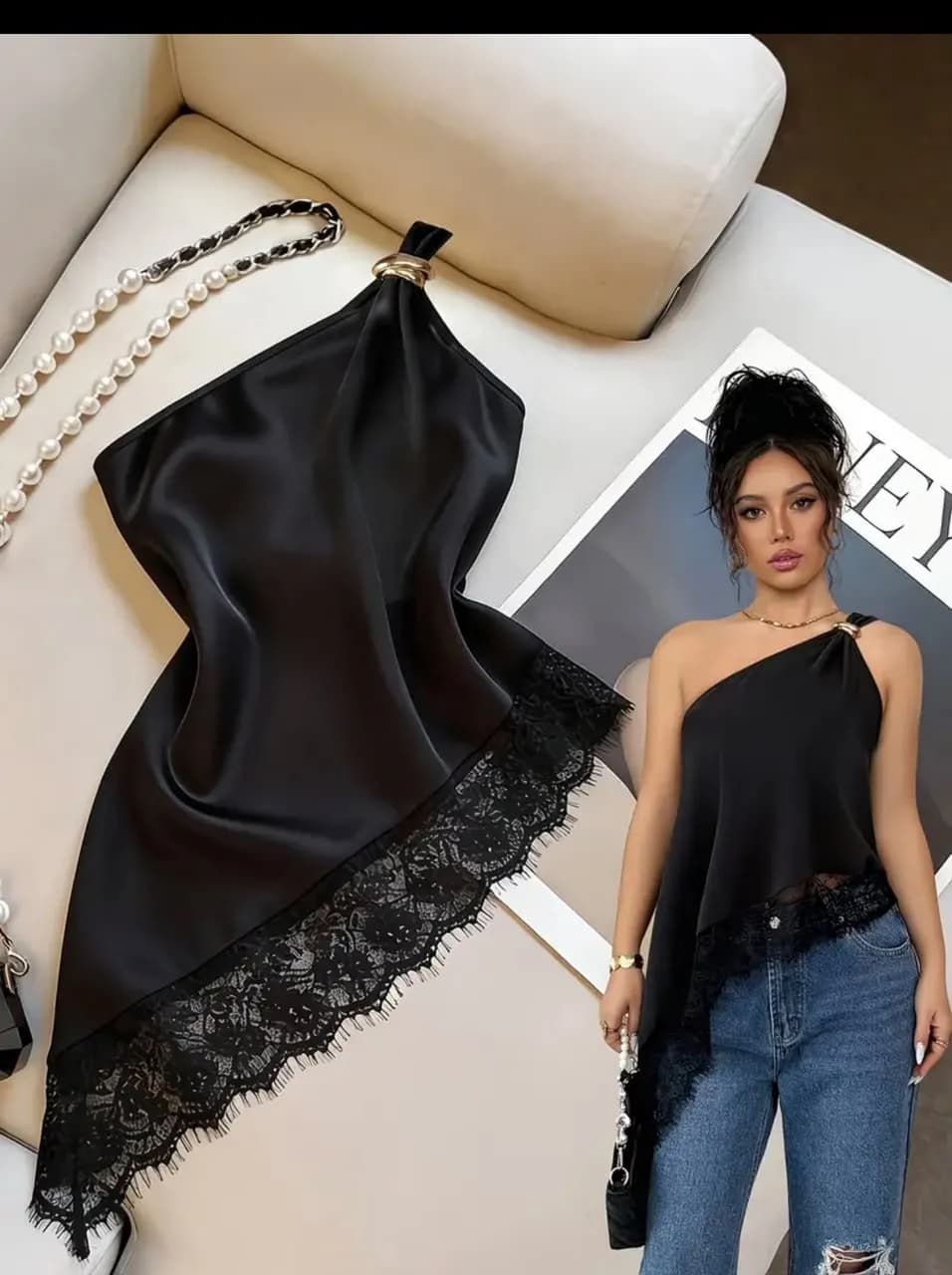 blusa asimetrica con encaje